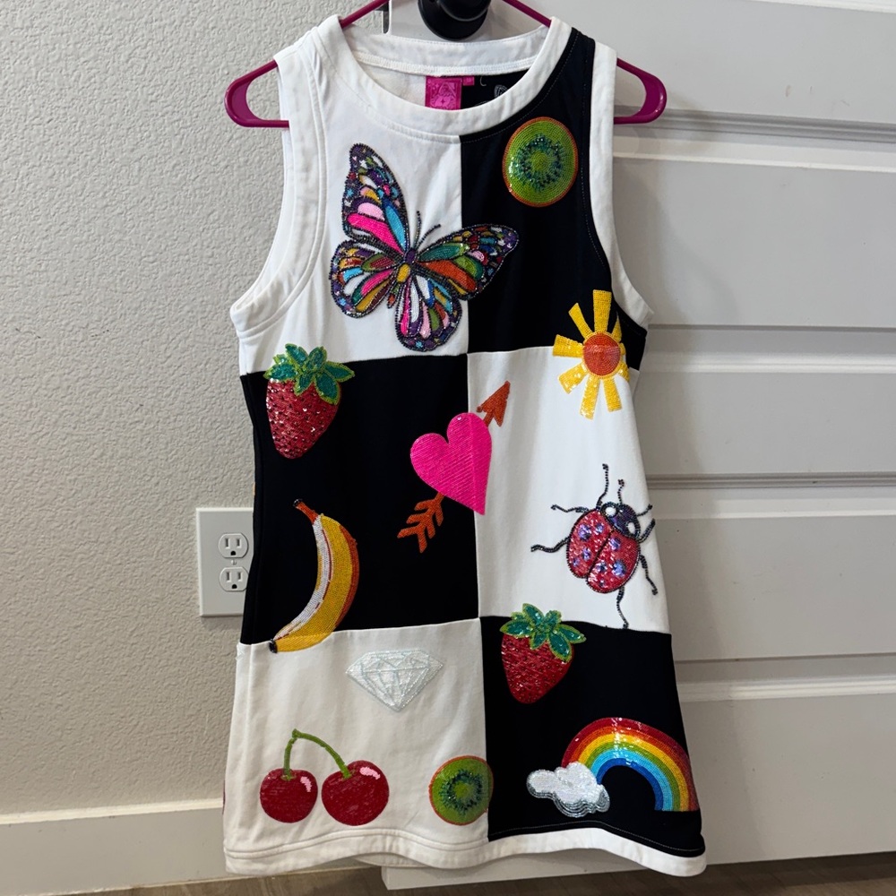 QUEEN OF SPARKLES Black & White Patchwork Sequin Tank Dress with Colorful Motifs
